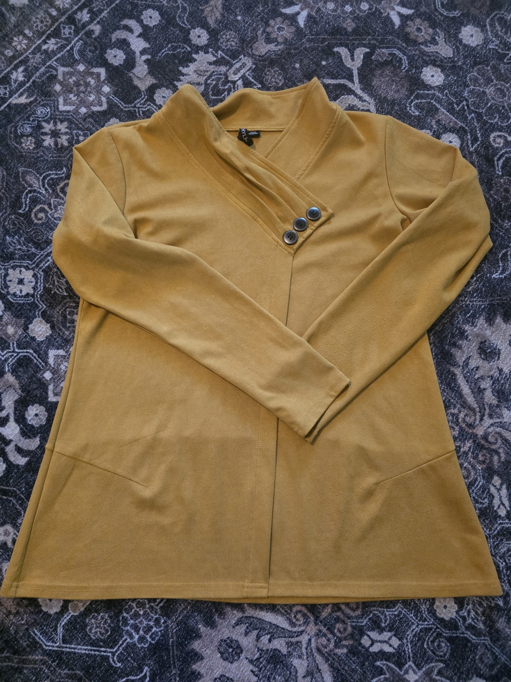Women's Mustard Asymmetrical Button Cowl Pullover Sweater